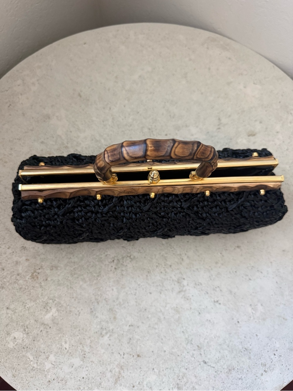 Black Woven Frame-Top Clutch with Wood Handle and Gold Trim - Picture 3 of 3